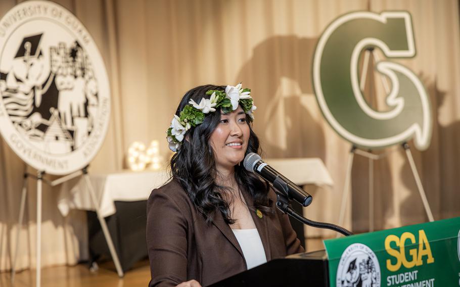 Keana Ardiente, President of the 64th Student Government Association at the University of Guam, provides remarks at the SGA inauguration ceremony
