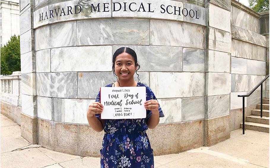 Megan Gimmen commemorates her first day of medical school with a photo on the Harvard Medical School campus. The Merit Scholar and two-time valedictorian from Guam began a four-year Doctor of Medicine program on Aug. 1. Photo courtesy of Megan Gimmen