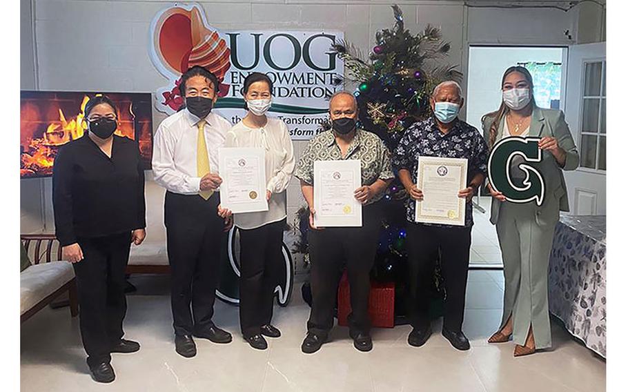 Photo courtesy of University of Guam Endowment Foundation: (From left) Katrina Perez, executive director, University of Guam Endowment Foundation; scholarship founders Dr. James and Young Hee Ji; scholarship founder Gerry Perez; Wilfred Leon Guerrero, UOGEF chairman and UOG president emeritus; and Sen. Amanda L. Shelton of the 36th Guam Legislature.