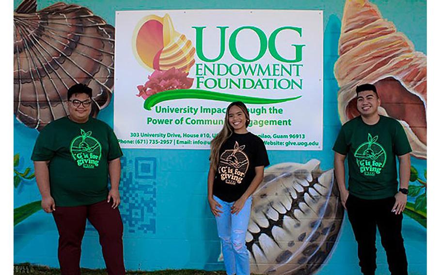 Photo courtesy of University of Guam Endowment Foundation: University of Guam Student Government Association representatives model new T-shirts designed by Opake for the UOG Endowment Foundation’s “G is for Giving” campaign, a fundraiser for UOG programs and student scholarships. (From left) Christian Gyles Ramos, Kyona Rivera, and Edrico Reyes.