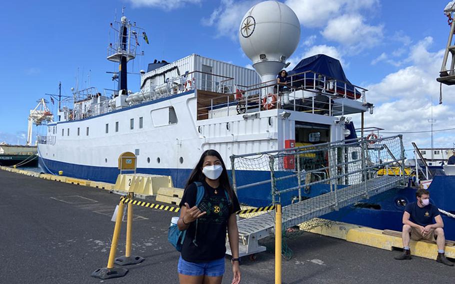 Leilani Sablan, University of Guam graduate biology student and UOG Sea Grant biologist, prepares to board Ocean Exploration Trust’s Exploration Vessel Nautilus, on March 13 from Oahu, Hawaii. Sablan, participating in the 2022 Nautilus deep-sea exploration expedition as an ocean science intern, will help log data at Kingman Reef and Palmyra Atoll within the Pacific Remote Islands Marine National Monument to understand the area’s geological history. Photo courtesy of Leilani Sablan