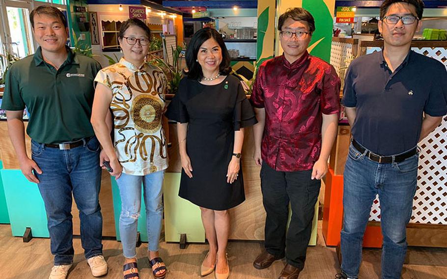 From left: Kuan-Ju Chen, Jessica Hsu, UOG Senior Vice President and Provost Anita Borja Enriquez, Kevin Chen, and Jeng-Hung Li gather at a Sept. 12 luncheon hosted by Enriquez. Photo courtesy of University of Guam