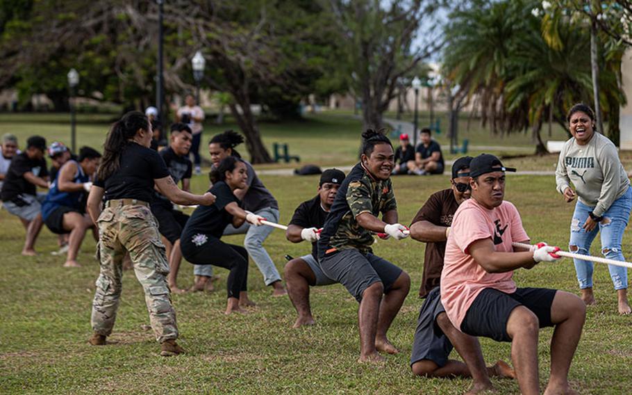 The Pohnpeian Student Organization competes in the Tug of War portion of the University of Guam President's Cup Competition on Feb. 14, 2023. The event is part of events leading up to Charter Day on March 2, 2023.