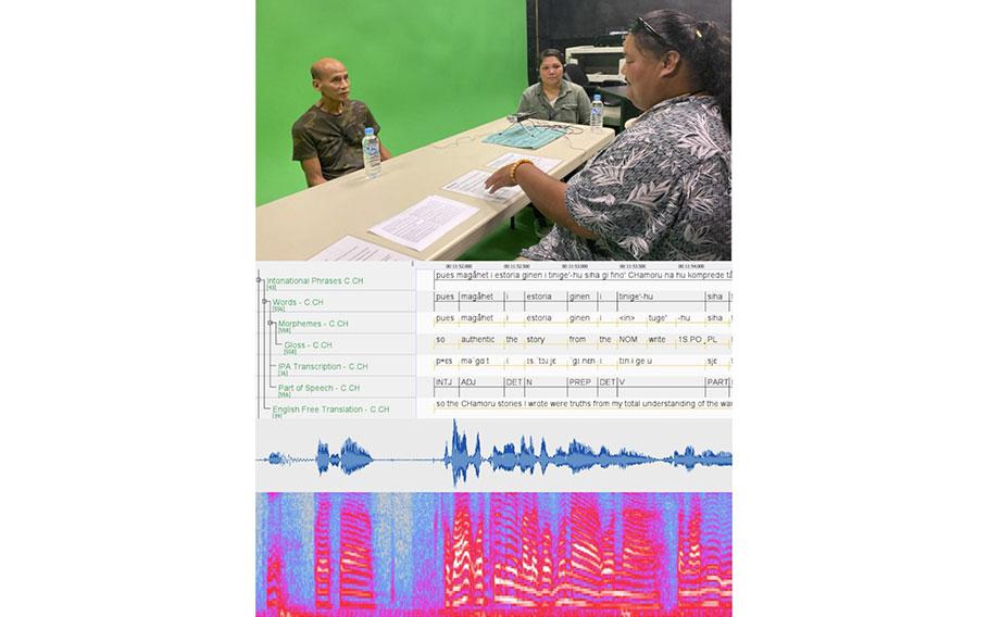 Tun Bill Paulino is interviewed in CHamoru by Jeremy Cepeda and Janice Toves in the media room at the University of Guam.