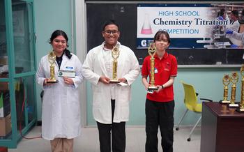 “Best Laboratory Skill” award winners of the 2024 Chemistry Titration Competition on March 7 at the University of Guam. (From left) Myka Imbat (Okkodo High School), third place; Bernard Malicsi (Father Dueñas Memorial School), second place; and Kaori Updegrove (St. John’s School), first place.