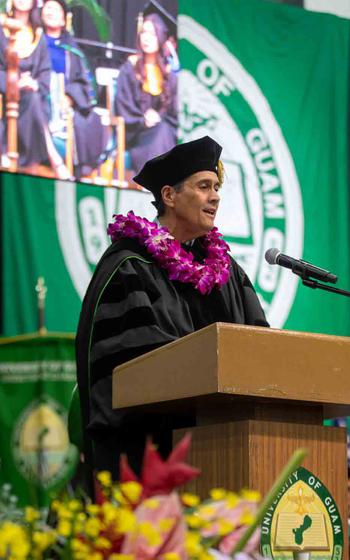 His Excellency Surangel S. Whipps, Jr., President of the Republic of Palau, delivers the keynote address, encouraging graduates to lead with vision and integrity across the Pacific region.