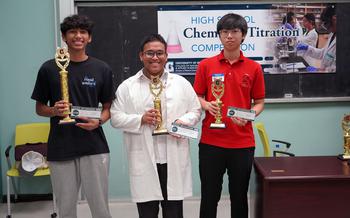 “Best Individual” award winners of the 2024 Chemistry Titration Competition on March 7 at the University of Guam. (From left) Timothy Gumataotao (Notre Dame High School), first place; Bernard Malicsi (Father Dueñas Memorial School), second place; and Chanju Lee (St. John’s School), third place.