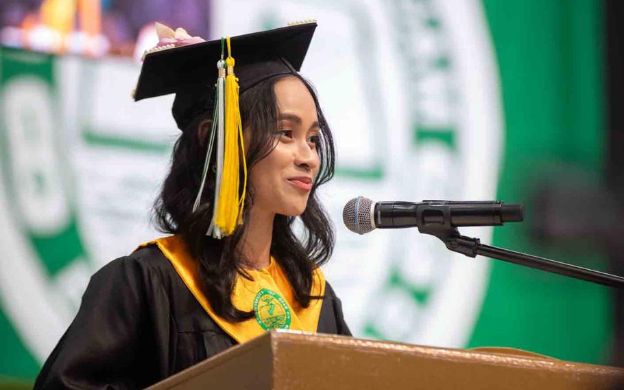 Co-Valedictorian Nicole Jean Pineda delivers the class address, reflecting on the power of education to inspire growth, service, and connection.