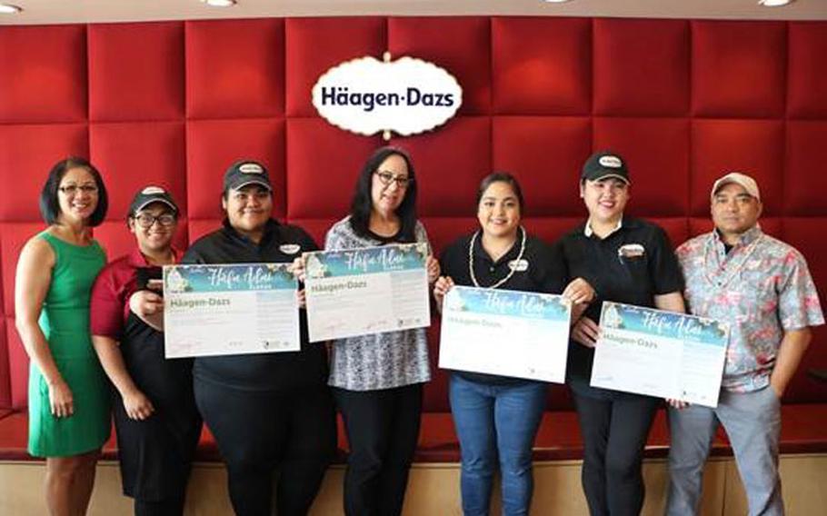 Guam Visitors Bureau Cultural Heritage Officer Dee Hernandez administered the Håfa Adai Pledge to the management team of Häagen-Dazs: General Manager, Elaine Dreckman, Häagen-Dazs Fiesta Resort Guam and Micronesia Mall Manager; Nicolette Mesa, Häagen-Dazs Guam Premier Outlet; JP Superstore Manager Ruben Mortera; and the employees of the Häagen-Dazs Fiesta Resort Guam location on June 17, 2019. (Photo courtesy of GVB.)