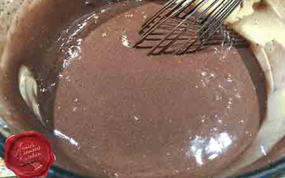 Mix all of the ingredients for the cake together using a whisk. Mix just until combined and most of the lumps disappear. Do not over mix.