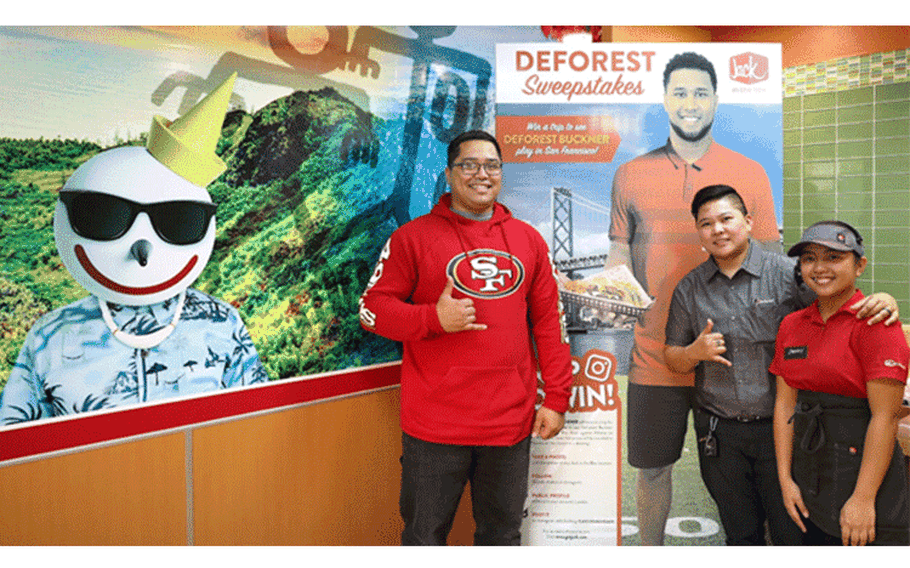 Jack in the Box Guam employees, Julz Coronel and Jenny Tinoso congratulate Kaimana Terlaje for winning the DeForest Buckner Sweepstakes. Photo courtesy of Jack in the Box.