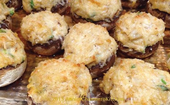 A full close-up photo of crab-stuffed mushrooms.