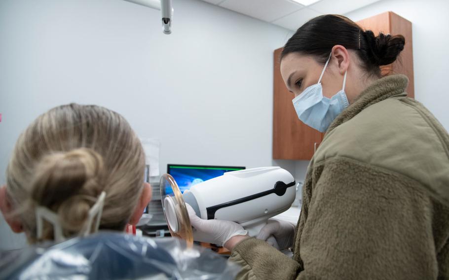 Air Force Senior Airman Hannah Heater, a dental technician with the 134th Medical Group, Tennessee Air National Guard, practices with a portable x-ray machine Jan. 6, 2024. Dental personnel help keep the force deployment-ready with routine exams and dental education. (U.S. Air National Guard photo by Master Sgt. Nancy Goldberger)