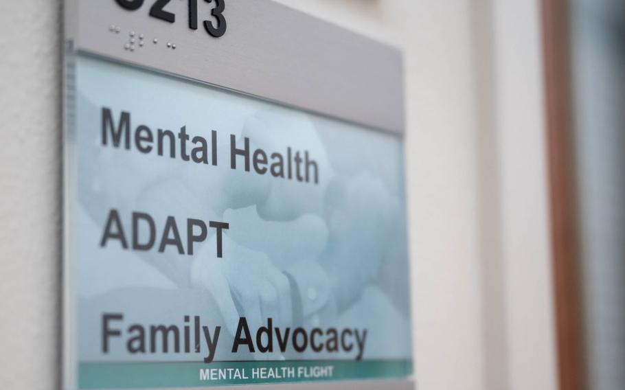 A room plaque for the 341st Operational Medical Readiness Squadron mental health flight is pictured inside the base clinic June 23, 2021, at Malmstrom Air Force Base Mont. The mental health flight offers mental health services to active duty members and manages the Family Advocacy and Alcohol and Drug Abuse Prevention and Treatment programs. (U.S. Air Force photo by Heather Heiney)