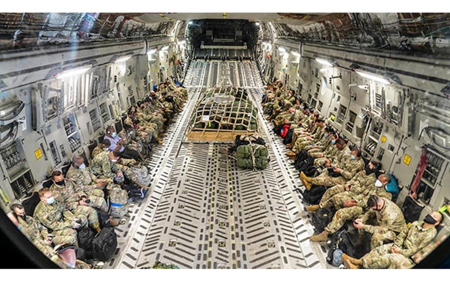 An Air Force C-17 Globemaster III at Joint Base Pearl Harbor-Hickam, Hawaii, prepares to transport U.S. Army medical personnel to Guam in support of the global COVID-19 response on April 13, 2020. (U.S. Air Force photo by Airman 1st Class Erin Baxter)