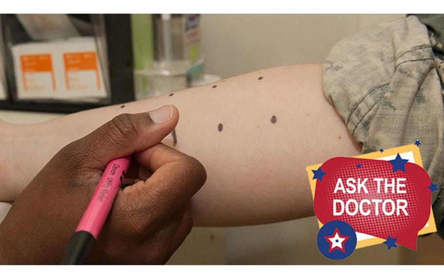 Air Force Staff Sgt. Lucretia Cunningham, an allergy and immunization technician assigned to the 633rd Medical Operations Squadron, prepares a patient for an allergy skin test at Langley Air Force Base, Virginia. (Photo: Air Force Airman 1st Class Kaylee Dubois)