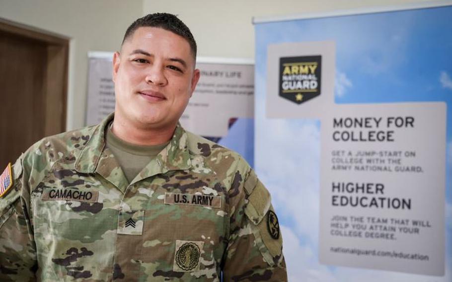 U.S. Army Sgt. Juan Camacho of the Guam National Guard mans his makeshift recruiting office on Captiol Hill, Saipan, April 20, 2024. Camacho has helped increase the number of NMI Guardsmen from three to over 70 in two years.