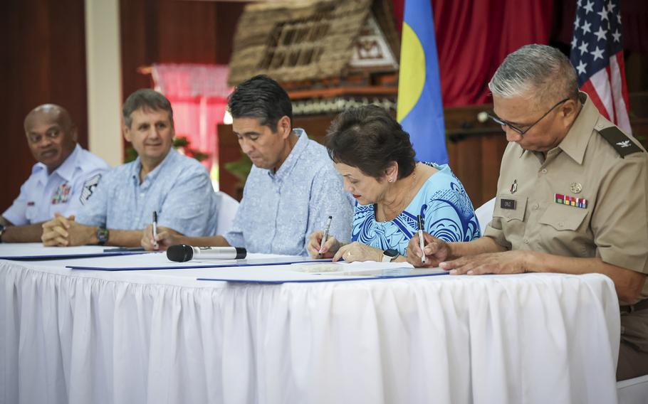 From left, Senior Enlisted Advisor Tony Whitehead, Senior Enlisted Advisor to the Chief of U.S. National Guard Bureau, U.S. Ambassador Joel Ehrendreich, Palau President Surangel Whipps, Guam Gov. Lou Leon Guerrero, and Col. Michael Cruz, adjutant general of the Guam National Guard, formalize a new State Partnership between Guam and Palau at a signing ceremony, Palau, April 29, 2024. 

The new partnership builds on thousands of years of partnership and common ancestry between the Second Island Chain islands, and seeks to mutually benefit both partners in defense and security cooperation. 