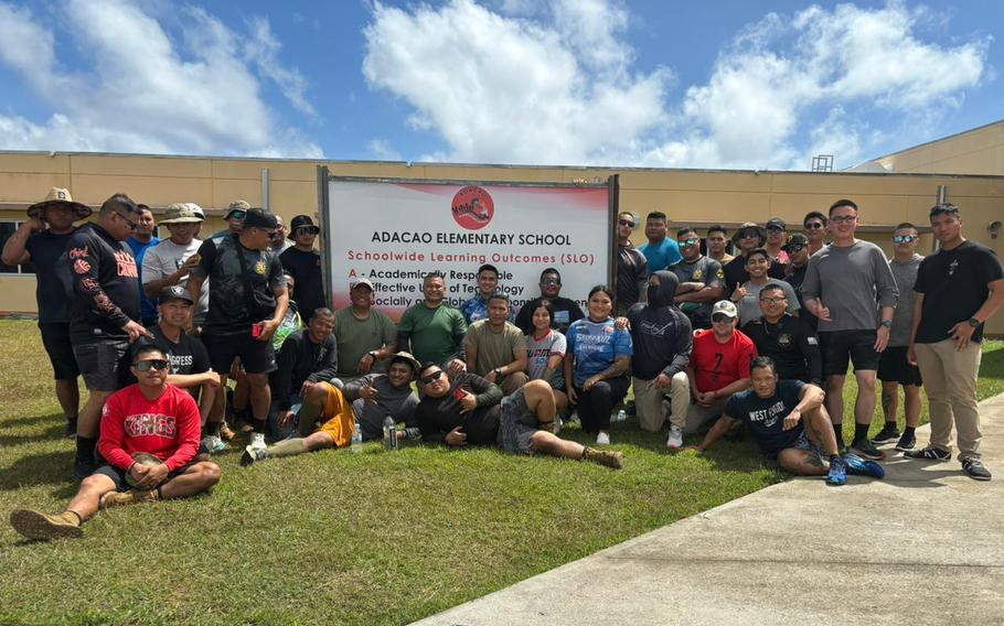 Soldiers from the Guam National Guard’s Bravo Company, 1-294th Infantry Regiment (Chamorri Battalion), now activated as Team Binadu under Task Force Talon, help Adacao Elementary School prepare for inspection Feb. 7, 2023. Capt. Team Binadu looks to perform as much community service as possible while mobilized to secure Guam’s Terminal High Altitude Area Defense (THAAD).