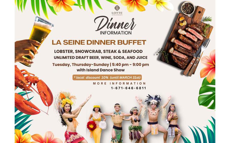 flyer promoting the buffet. photos of dancers and cooking are used.