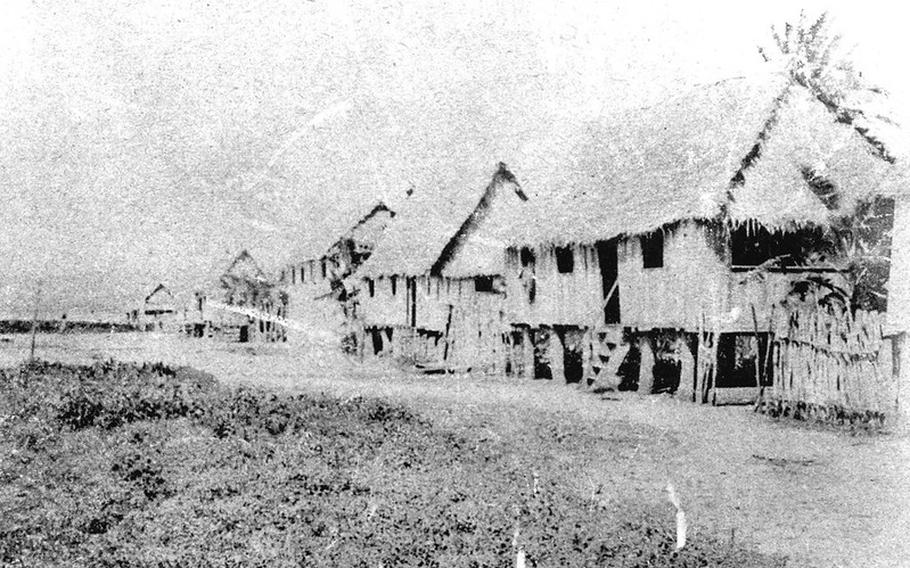 Sumay Village, 1902. This historic photo shows thatched
homes in the village of Sumay. Several of the residents were
relocated to Sånta Rita-Sumai/Santa Rita after WWII.