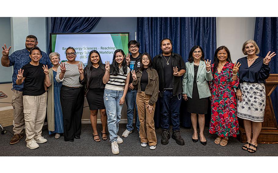 The University of Guam students heading to Pacific Northwest National Laboratory for a summer internship are, fifth from left, Hallie Hainrik, Irish Fontanilla, Tristan Pajela, Cassandra Paule and Brandon Respicio. Joining them are Dr. John Limtiaco, Chemistry Professor;  Dr. Cheryl Sangueza, mentor; Olympia Terral, Extension Associate; Senior Vice President and Provost Sharleen Santos Bamba; UOG President Anita Borja Enriquez; Dr. Pamela Peralta, Interim Vice Provost; and Cathleen Moore-Linn, Executive Director of the Research Corporation of the University of Guam.