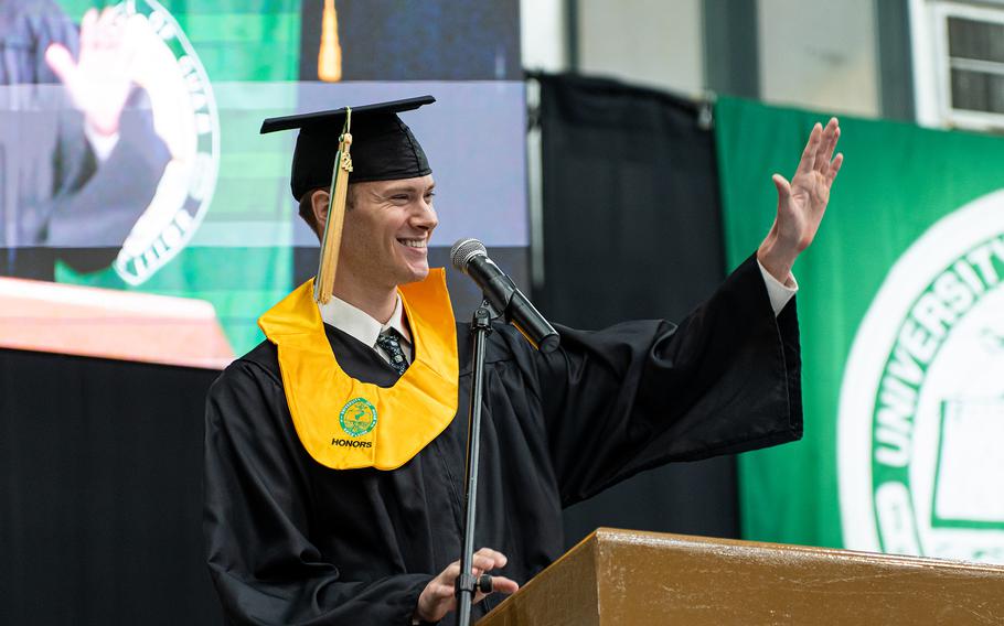 Hunter Sidell, co-valedictorian of the University of Guam Class of Fañomnåkan 2024, delivers the class address at commencement on May 19 in the Calvo Field House.