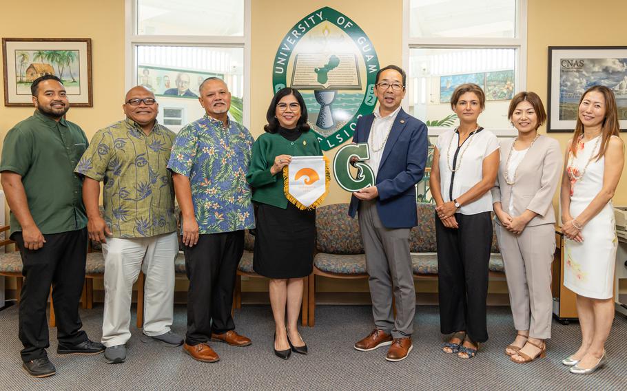 From left to right representing the University of Guam: Daniel Rangamar, Program Assistant, Global Learning and Engagement; Mark Mendiola, Interim Chief of Staff, Carlos Taitano, Director, Global Learning and Engagement; Dr. Anita Borja Enriquez, President; and form Wakayama University: Dr. Mitsugi Motoyama, President; Naoko Tei, Project Officer; Dr. Dennitza Stefanova Gabrakova, Professor, Institute of Global Initiatives; and Kazue Nakamoto, Specially Appointed International Coordinator.