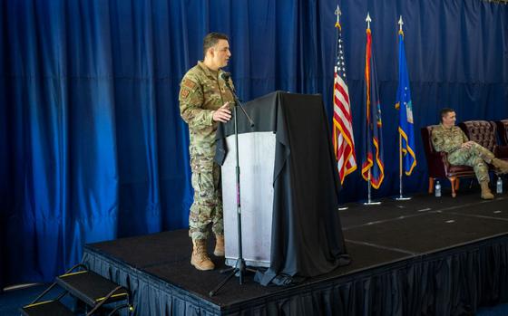U.S. Air Force Maj. Victor Martins, 36th Comptroller Squadron commander, delivers his first speech.