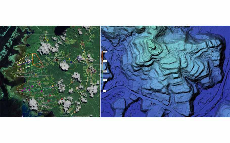 Left image: Flight planning using Google Earth software. Right image: One of the many processed areas using DJI Terra software.