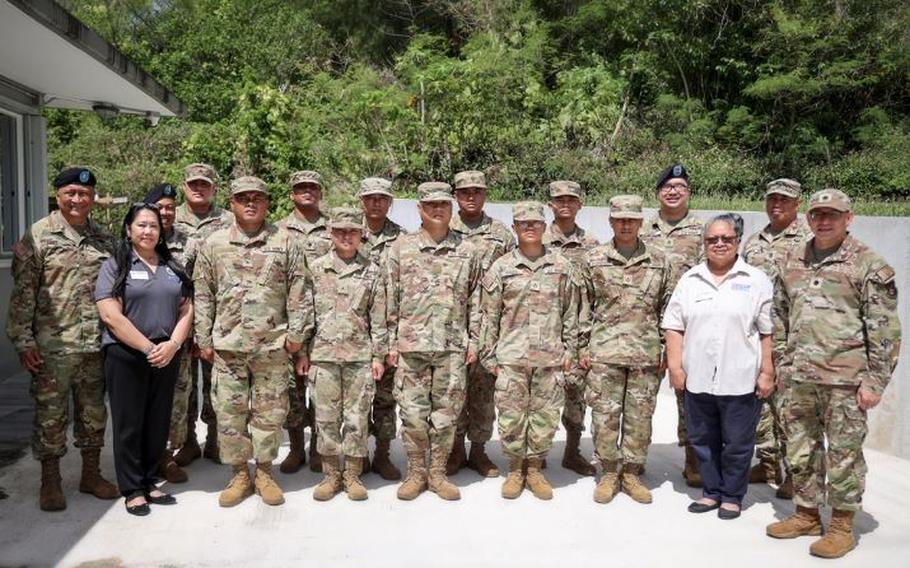 Members of the Guam National Guard Recruit Sustainment Program and command team, with volunteers from the Employer Support of the Guard and Reserve, gather for a promotion ceremony on Capitol Hill, Saipan, April 20, 2024.