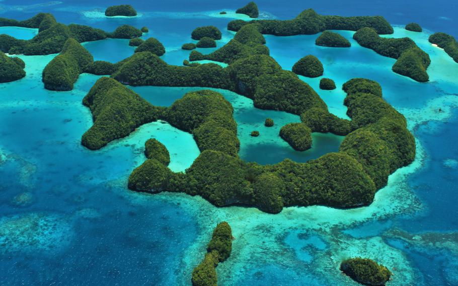 Birds-eye view of islands in Palau.