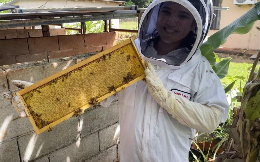 University of Guam biology graduate student Jonae Sayama holds an apibox from a Guam apiary during her thesis research on pollen in 2022.