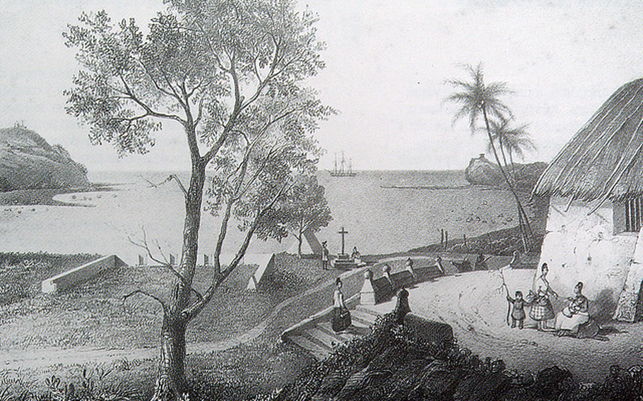 The view of Humåtak Bay as seen from a section of the shore battery, Santa Barbara. Fort Soledåd, is seen on the left, with Fort Santo Angel on the opposite side. Not shown, is Fort San Jose, built on a hill beside Santo Angel. 