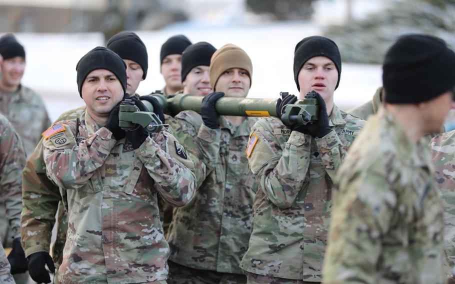 16th Sustainment Brigade’s Team A conducts physical training around the Baumholder military community in Baumholder, Germany.