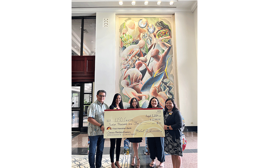 Pictured Above (L-R):  
Edward Untalan, Executive Vice President and Guam-CNMI Region Manager, First Hawaiian Bank 
Regina Taimanglo, Area Operations Manager, USO Guam 
Francine Cruz, Vice President and Branch Manager, First Hawaiian Bank 
Aliciana Jocson, Area Operations Specialist, USO Guam 
Jadine Lujan, Area Director, USO Guam 
