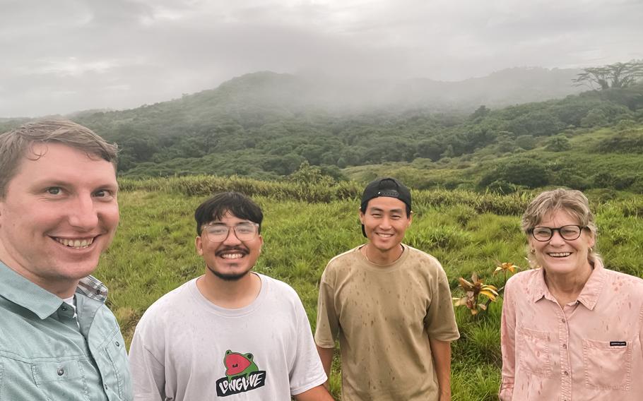 The campaign team takes a group photo during a mapping mission in Aimeliik, Palau. (L-R: Anthony Herman, Thomas Torres II, Dong Won Lee, Jolie Liston)