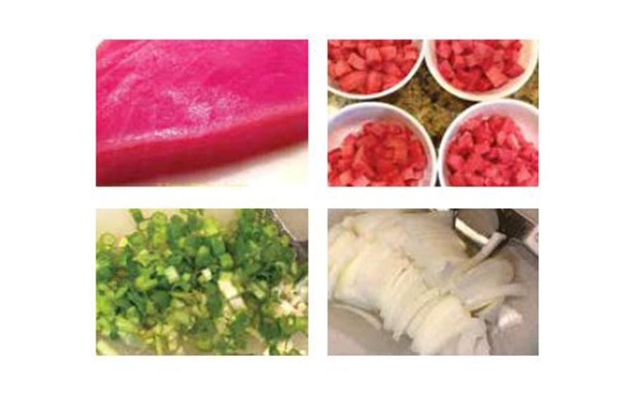 Photos of ahi tuna, green onions, and yellow onions.