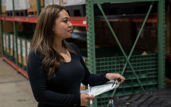 Tatianna Nojadera, 36th Logistic Readiness Squadron, ensures that the gear is being accounted for at Andersen Air Force Base, Guam, April 23, 2025. Documentation provides proof of existence and unveils whether or not more gear is needed.