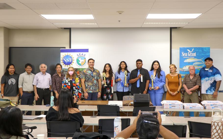 The winners, their mentors, and leadership of the NSF SEAS Guam Alliance celebrate the accomplishments at an awards ceremony held at the University of Guam for the High School Summer Internship program.   This year’s program welcomed eight student researchers from various high schools on Guam to learn hands on and conduct research with faculty mentors at UOG.  