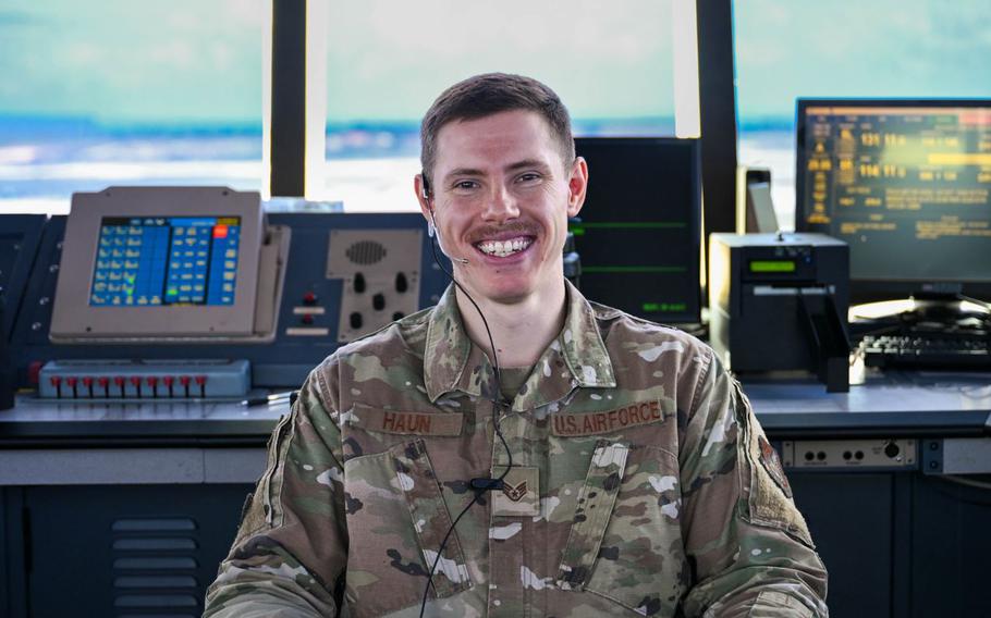 U.S. Air Force Staff Sgt. Joshua Huan supervises all control positions in the tower.