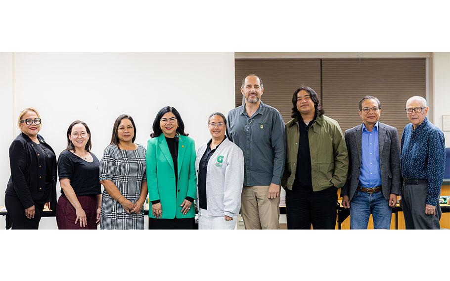 The University of Guam held a press conference on May 9 to unveil the Bisita: Historic Guam augmented reality mobile app which accurately depicts interactive images and video of Hågatña during the 1890’s. From left to right: Dr. Sharleen Santos Bamba, UOG Senior Vice President and Provost, Maria Eugenia Leon Guerrero, Hågatña Restoration and Redevelopment Authority Board of Commissioners Chairwoman, Cynthia Rapadas, Pacific Historic Parks Regional Director, Dr. Anita Borja Enriquez, UOG President, Dr. Monique Storie, University Libraries Dean, Dr. Carlos Madrid, Micronesian Area Research Center Director of Research and Professor of Spanish Pacific History, JThomas Tyquiengco,  Teaching Assistant, Dr. Jose Alban, Assistant Professor of Geography, and Fr. Kenneth Carriveau, Emeritus Professor of Library Sciences.