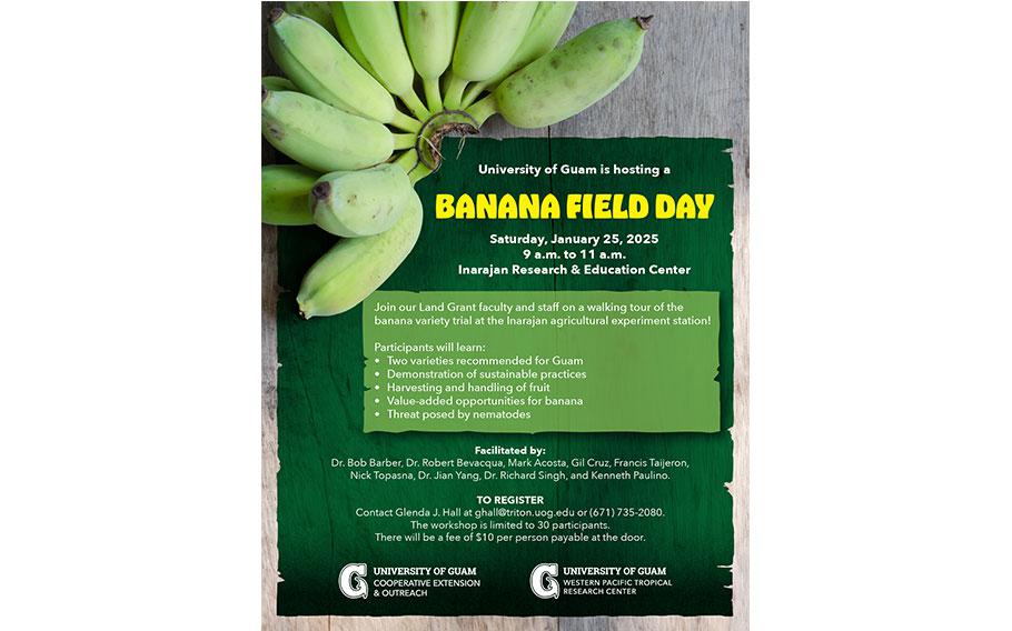 flyer promoting banana field day. a photo of a bunch of bananas is used.