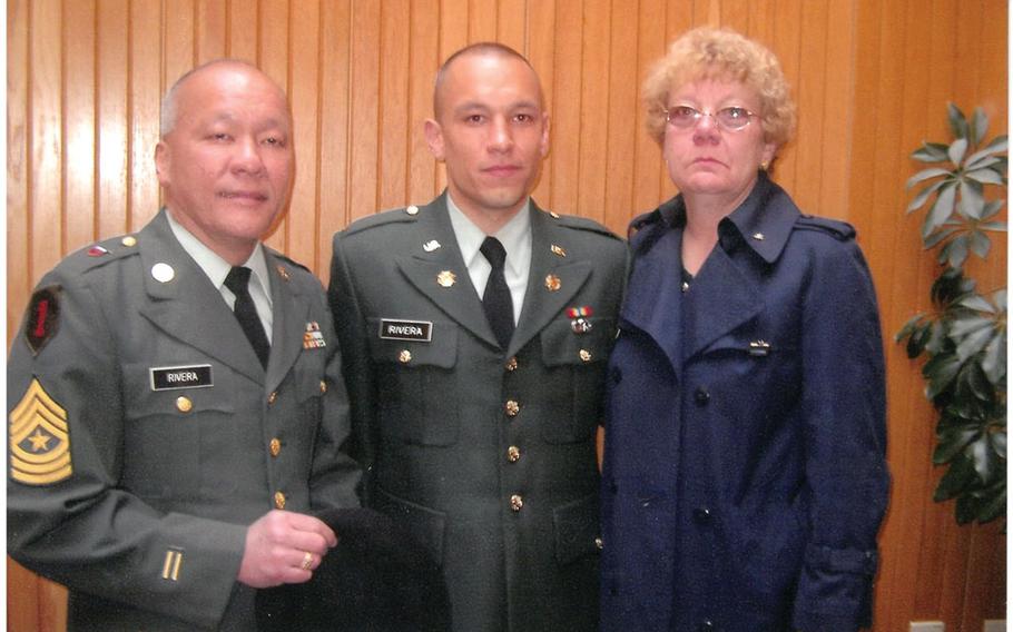Sgt. Maj. Francisco Rivera with his son, then 2nd Lt. Matthew Rivera, and wife, U.S. Army veteran Mary Ann Rivera, moments after Matthew’s Army Commissioning Ceremony in 2003. The Rivera’s service in the U.S. Army spans three generations, dating back to World War II.