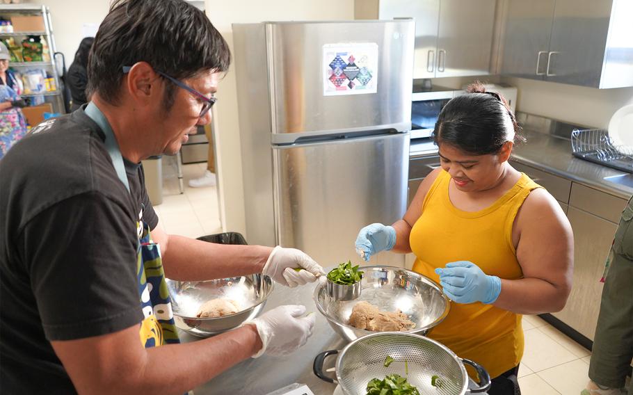 Ricardo Balajadia, left, and Nida Pwekin work together to add local greens to a whole-wheat titiyas recipe during a UOG Extension cooking workshop in April. Starting May 27, UOG Extension will hold a first-time Garden-to-Table Workshop, focusing on how to grow high-yield, low-maintenance food plants in a residential setting and how to cook with them.  