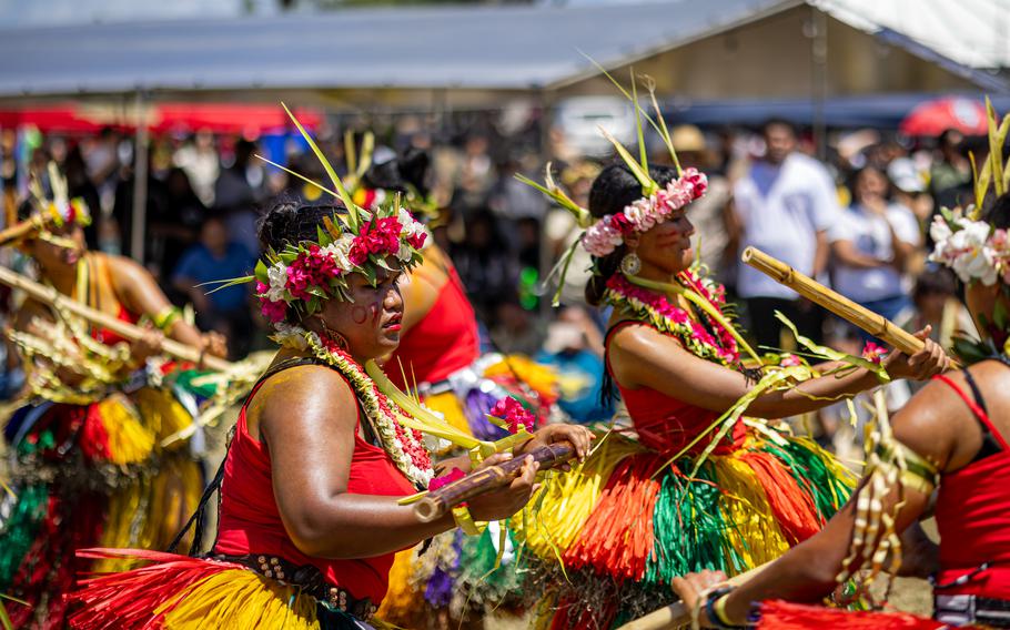 Members of the Yap Student Organization at the University of Guam present a cultural performance at the 2024 UOG Charter Day celebration.