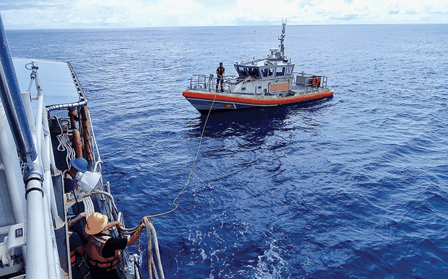 The towing exercise with a Station Apra Harbor 45-foot Response Boat-Medium crew enhanced inter-unit coordination and operational proficiency. 