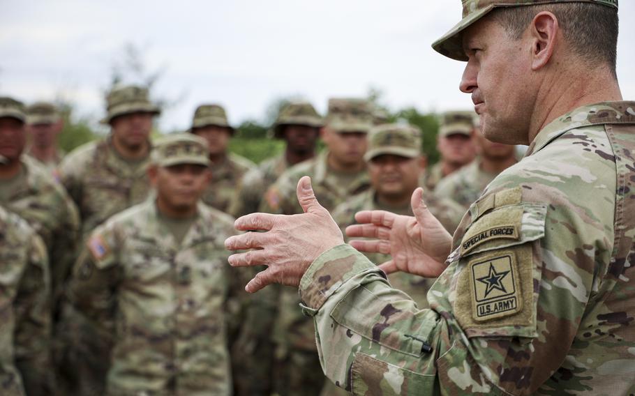 Sgt. Maj. of the Army Michael R. Weimer visits with Soldiers of Task Force Talon, Guam, Feb. 7, 2023. Talon is comprised of both Active Duty and Guard Soldiers from the 38th Air Defense Artillery and Guam National Guard, respectively, and operates the Terminal High Altitude Area Defense (THAAD) system on Guam. 