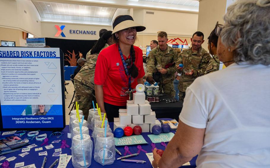 Andersen Air Force Base personnel participate in a resource fair to kickoff Suicide Prevention Awareness Month on Andersen AFB, Guam, Sept. 12, 2024. In addition to the resource fair, multiple agencies are going to team up to host an awareness wave, a potluck for community partners and a 5K in honor of those who lost their battle to suicide.