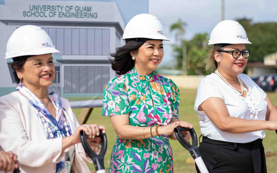 University of Guam President Anita Borja Enriquez, center, is joined by Gov. Lou Leon Guerrero, left, and UOG Senior Vice President and Provost Sharleen Santos-Bamba at the groundbreaking ceremony for the School of Engineering building at UOG on December 15, 2023. 